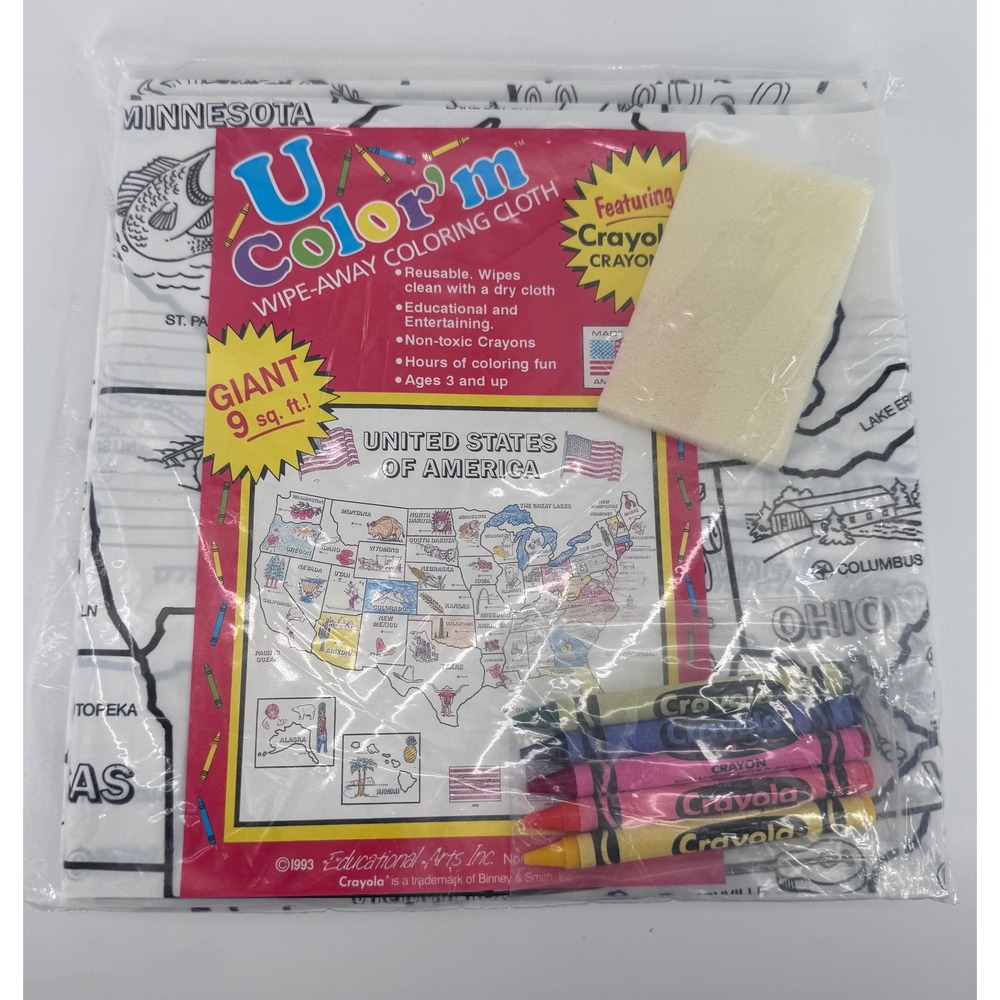 Educational Arts U Color'm Coloring Cloth Kids USA Map Crayons Vintage 1993 New